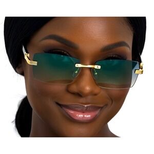 Frameless Rectangle Sunglasses Green Lens Gold Women Fashion Shades Casual Gafas